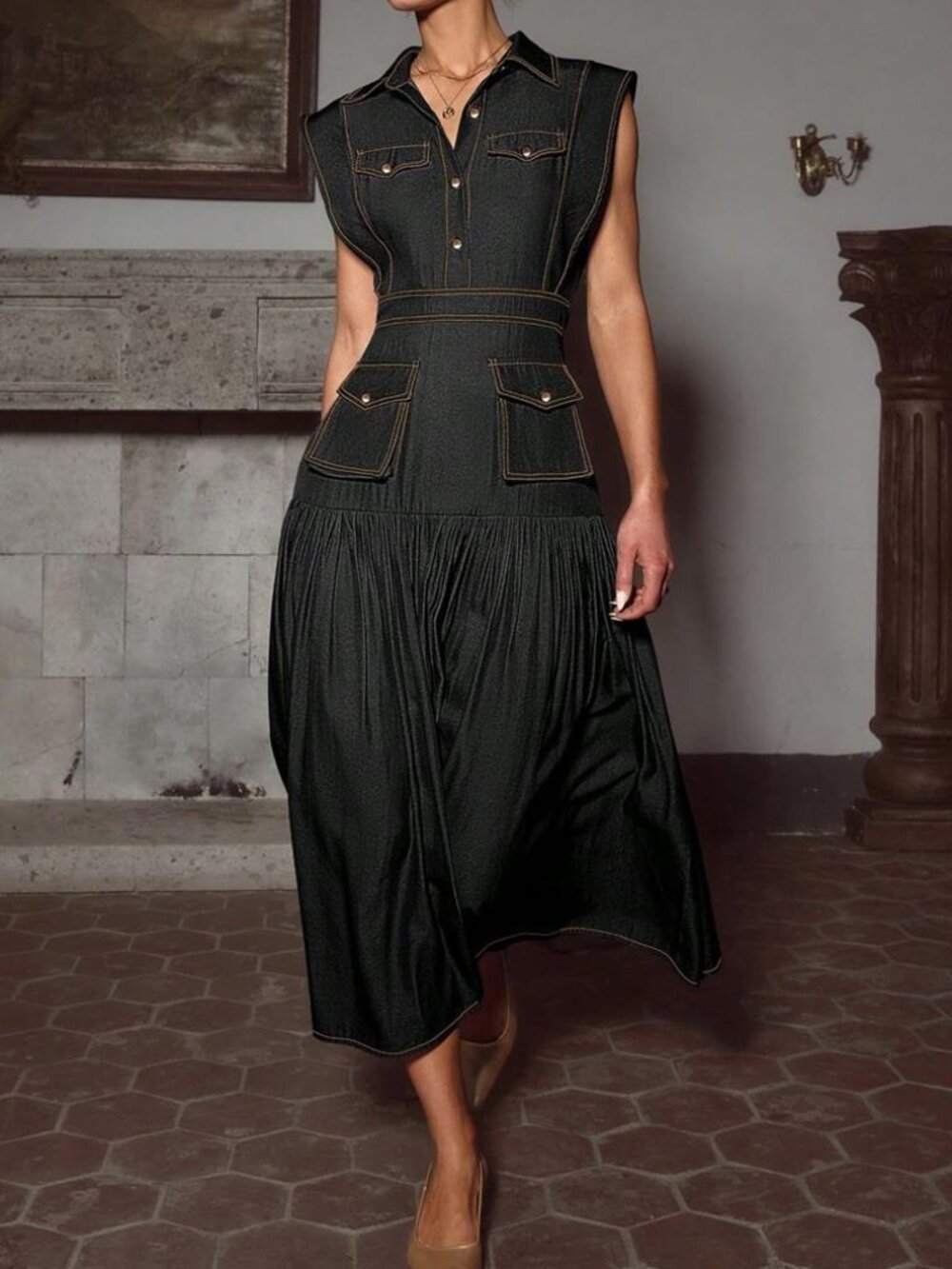 Elegant Black Pleated Midi Dress Women’s Office Chic Sleeveless Denim Effect